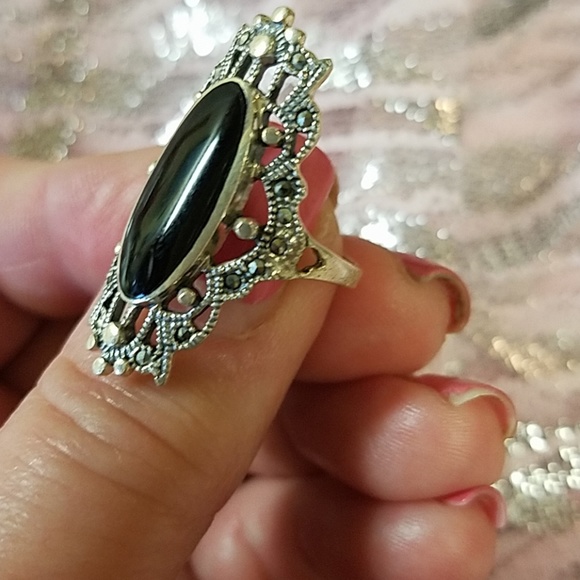 Sterling Silver Onyx Marcasite Ring - Picture 6 of 6